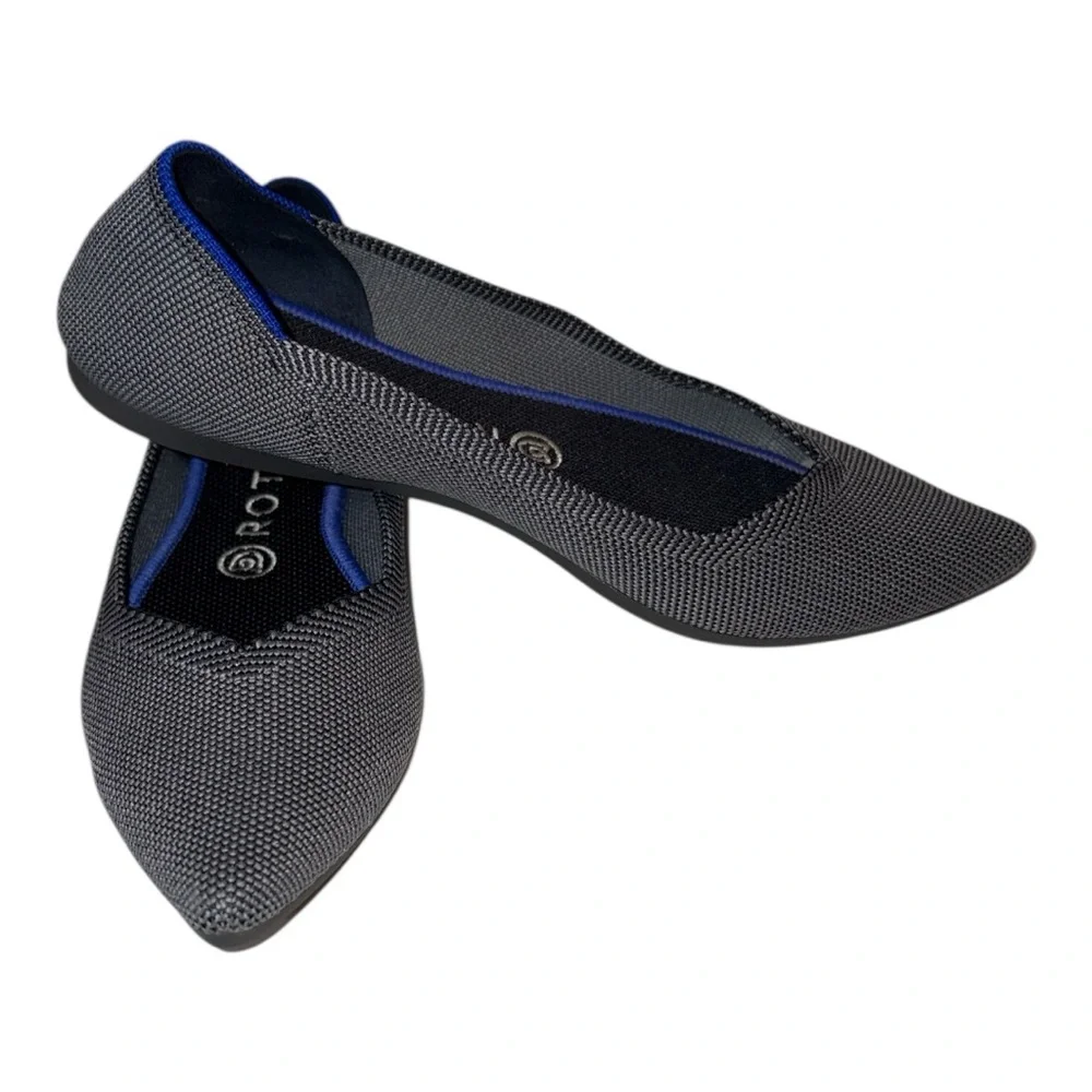 Rothy's The Point Slip On Flats in Cloud Grey Birdseye with Blue Trim Size 8
